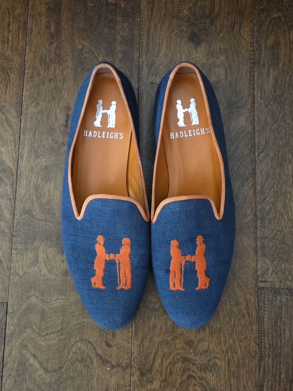 Hadleigh Smoking Slippers - Navy & Orange Embroidered Women’s Slip-On Loafers